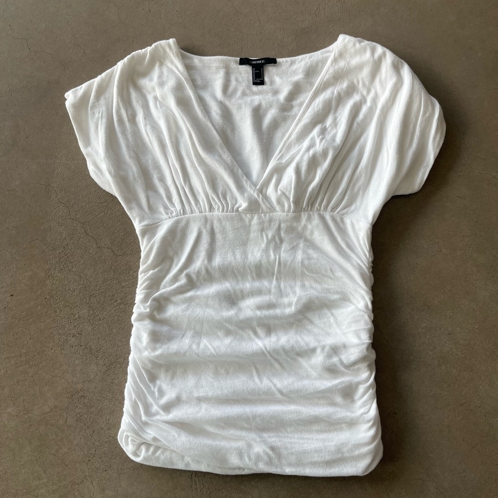 Forever 21 White Ruched V-Neck Blouse